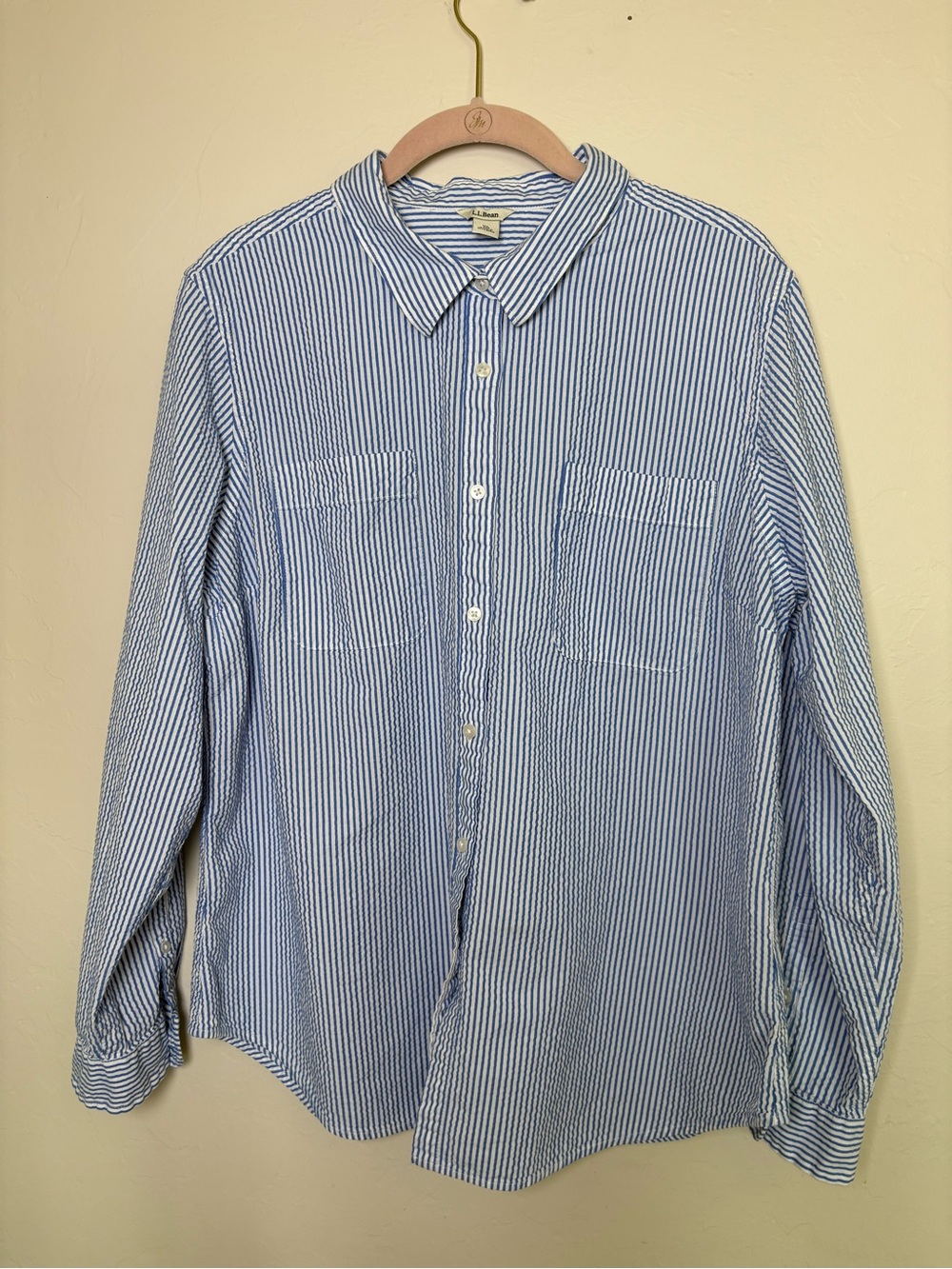 LL Bean Seersucker Cotton Button Up Shirt Women's XL Blue Striped